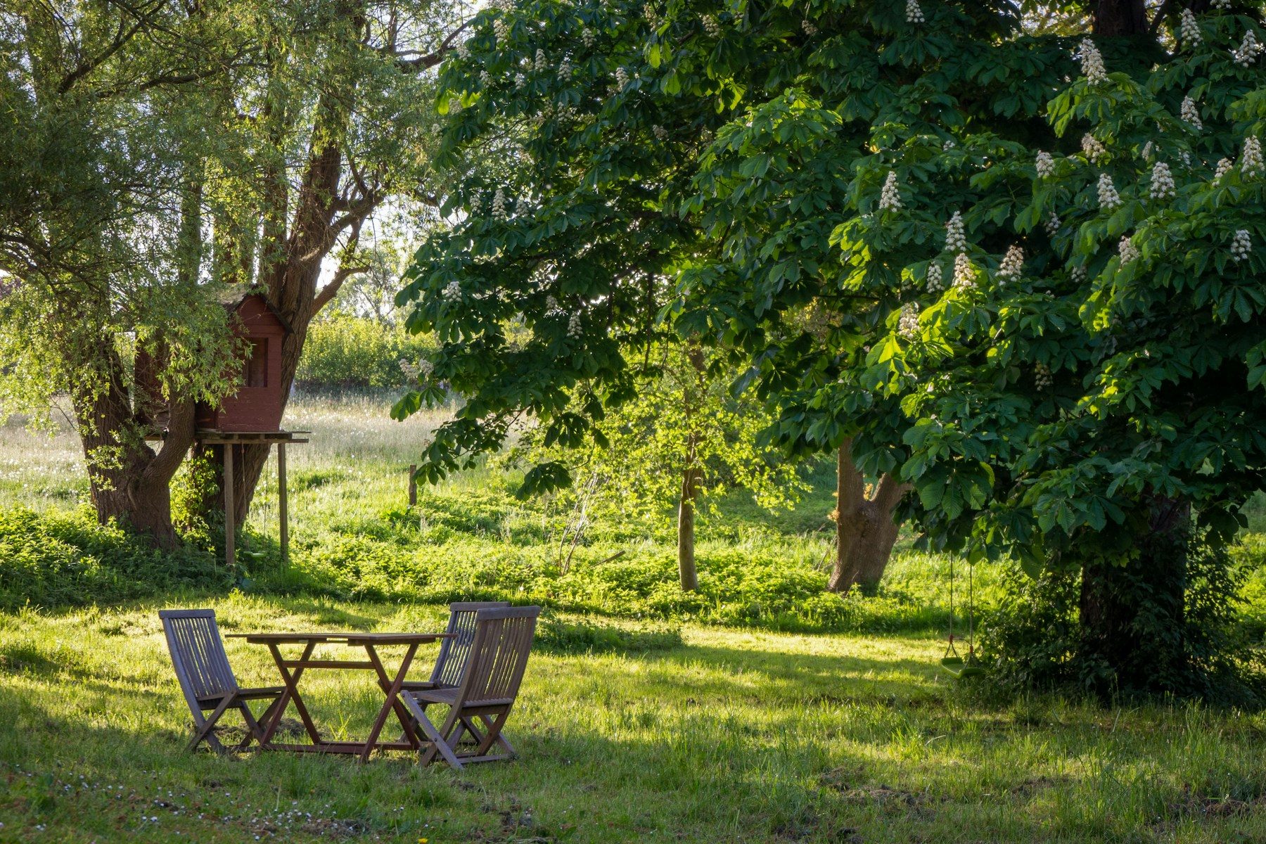 Table et chaises pliantes en bois dans l’herbe haute, sous des marronniers en fleurs, balançoire et cabane d’enfant à l’arrière-plan